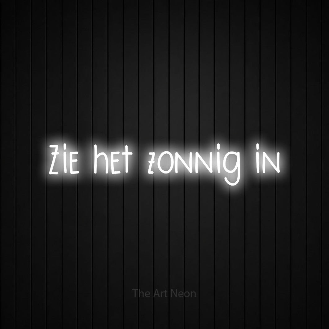 LED neon sign reading “Zie het zonnig in”, arranged in a single line.