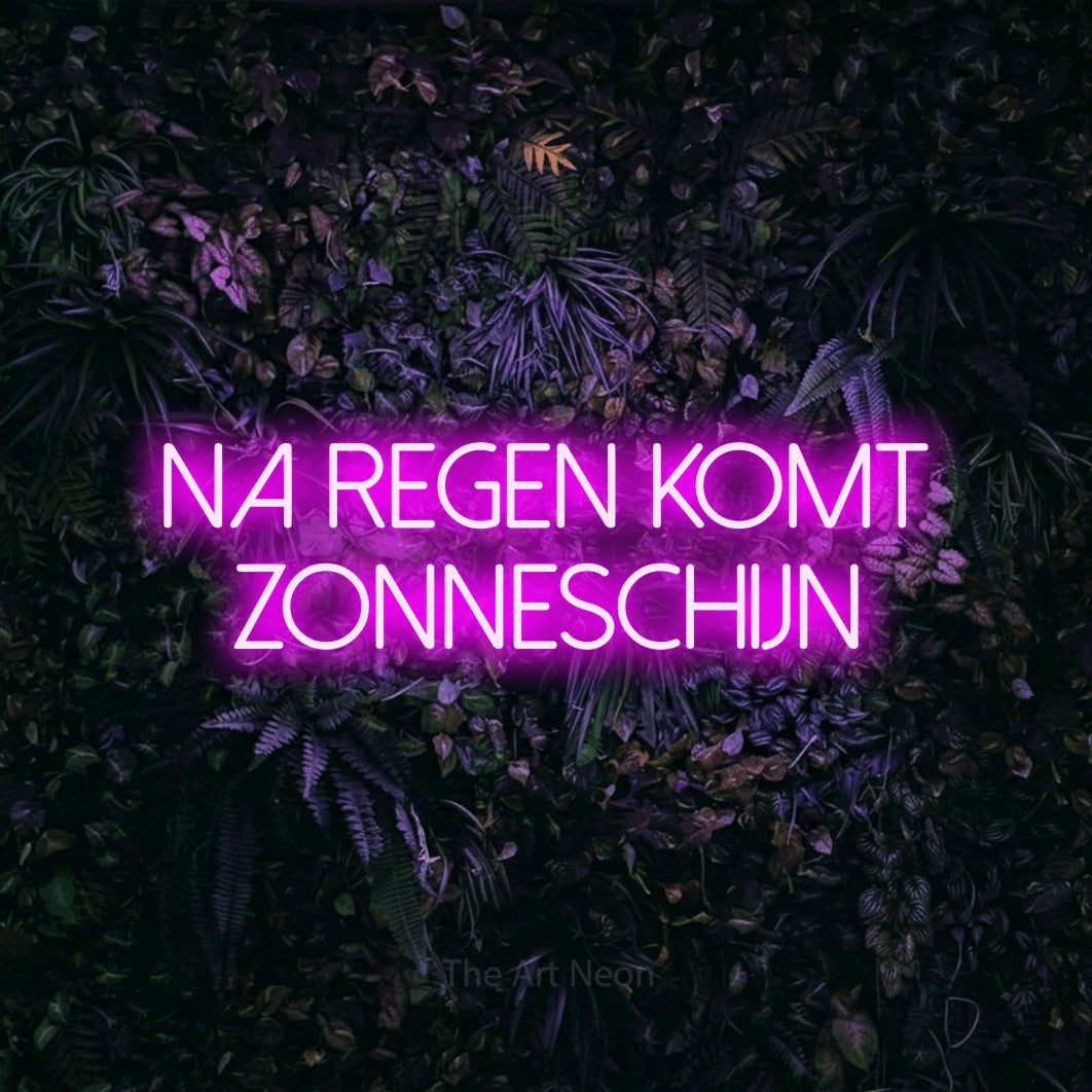 LED neon sign reading “Na Regen Komt Zonneschijn”, arranged in 2 lines.