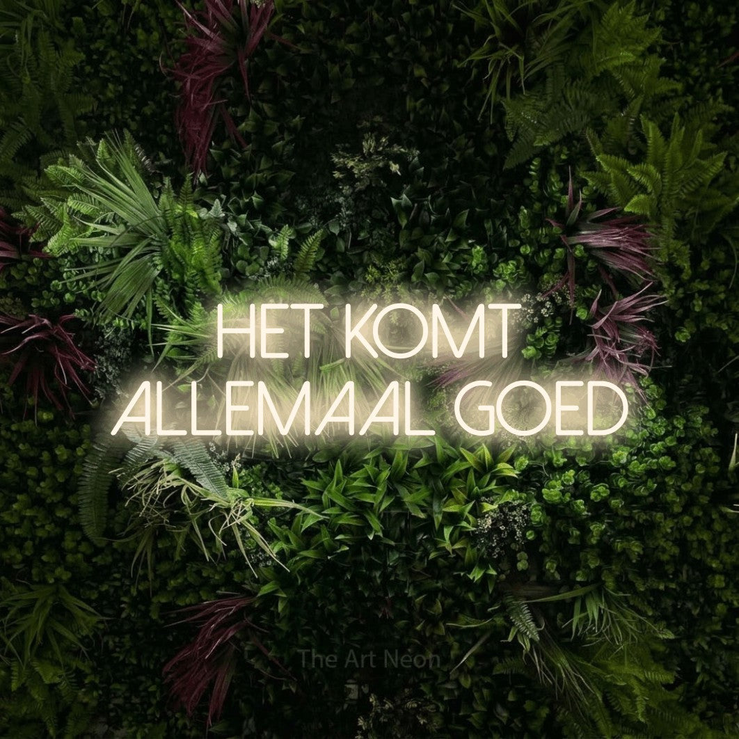 LED neon sign reading “HET KOMT ALLEMAAL GOED”, arranged in 2 lines.