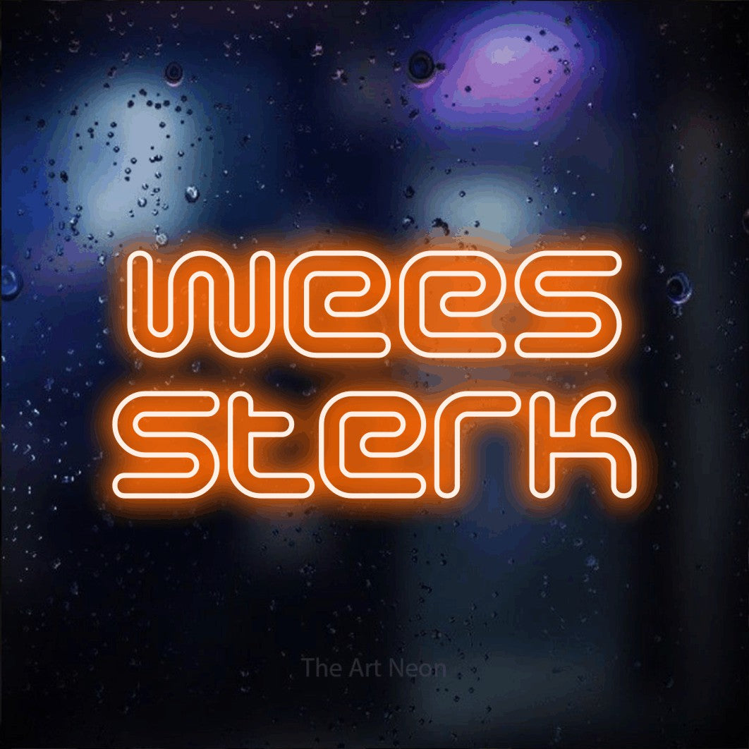 LED neon sign reading “Wees Sterk”, arranged in 2 lines.