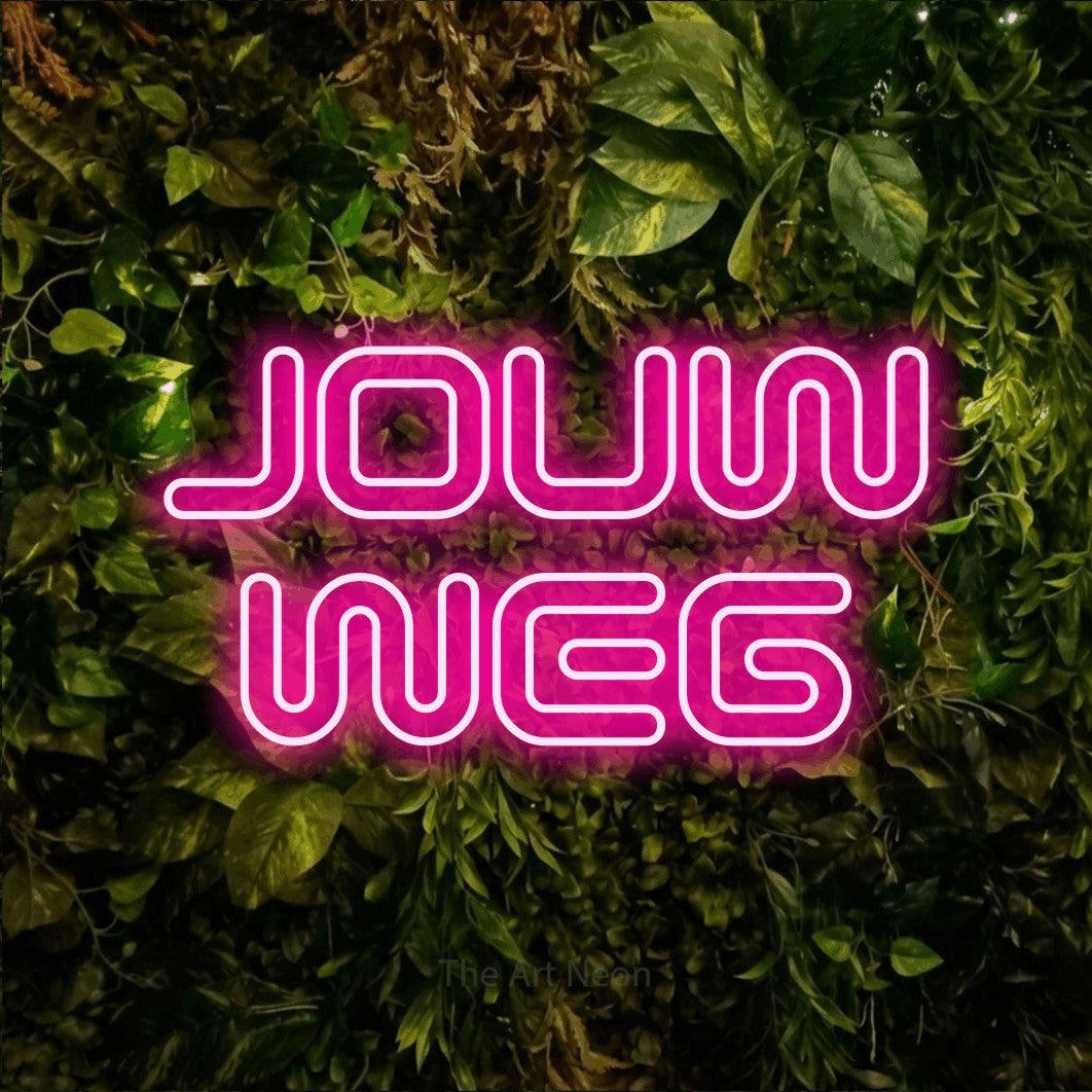 LED neon sign reading “JOUW WEG”, arranged in 2 lines.