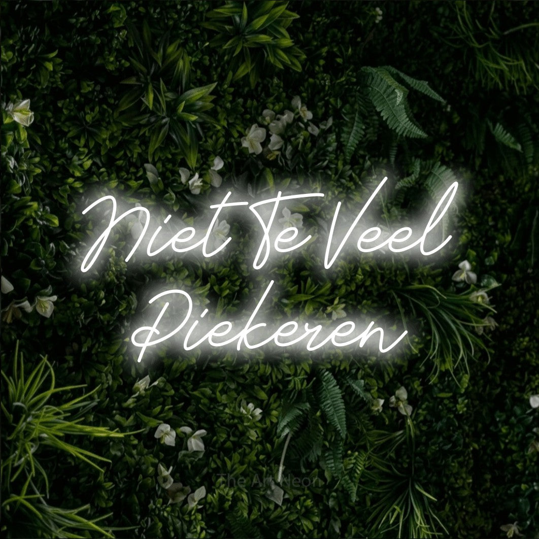 LED neon sign reading “Niet Te Veel Piekeren”, arranged in 2 lines.