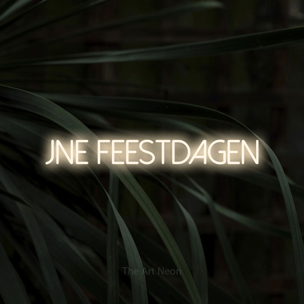 LED neon sign reading “fijne feestdagen”, arranged in a single line.