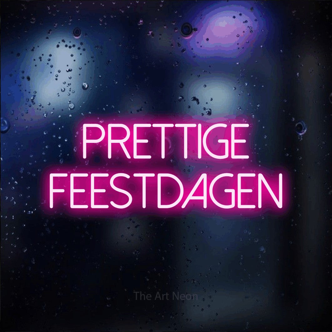 LED neon sign reading “Prettige Feestdagen”, arranged in 2 lines.