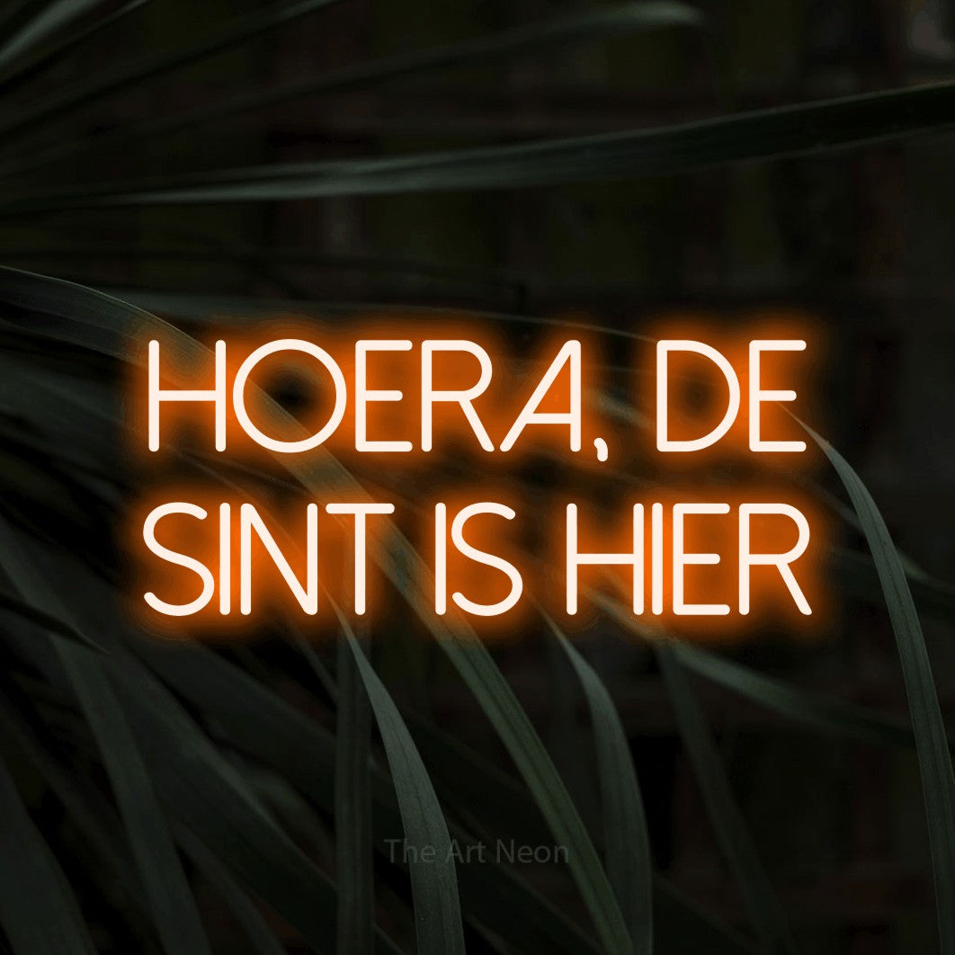 LED neon sign reading “hoera, de sint is hier”, arranged in 2 lines.