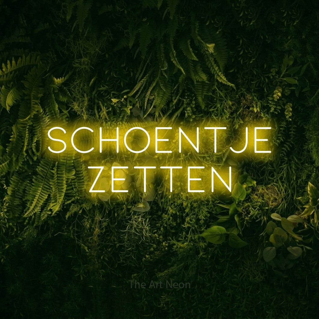 LED neon sign reading “SCHOENTJE ZETTEN”, arranged in 2 lines.