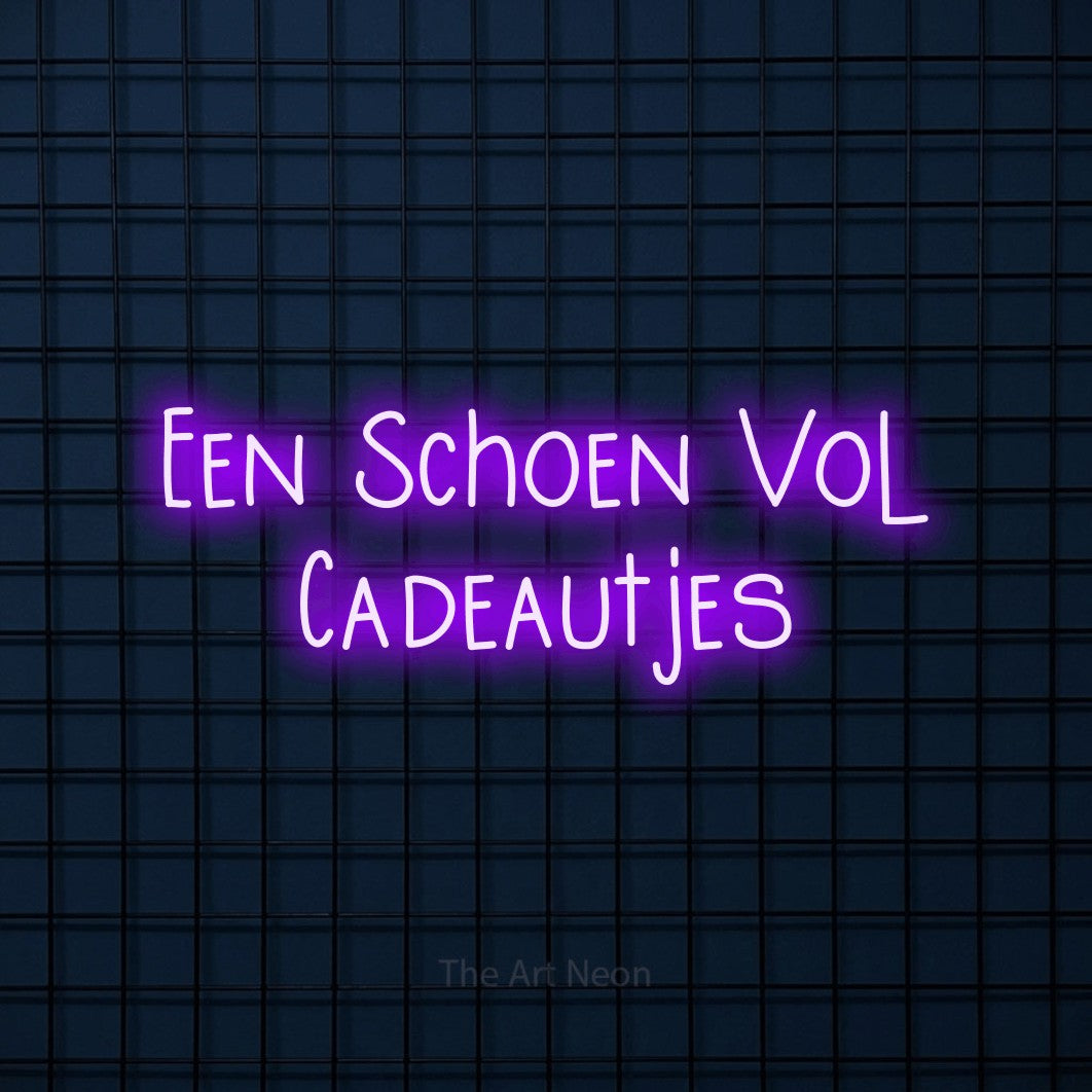 LED neon sign reading “Een Schoen Vol Cadeautjes”, arranged in 2 lines.