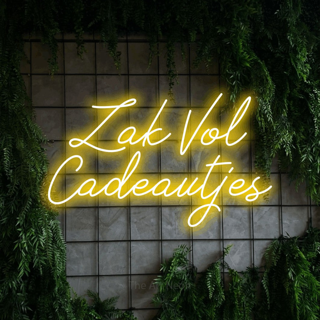 LED neon sign reading “Zak Vol Cadeautjes”, arranged in 2 lines.