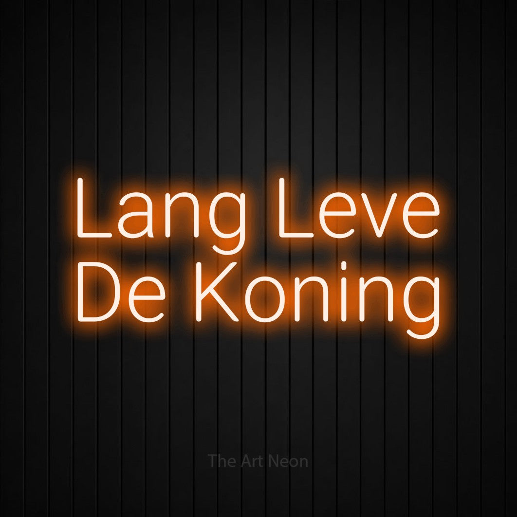LED neon sign reading “Lang Leve De Koning”, arranged in 2 lines.