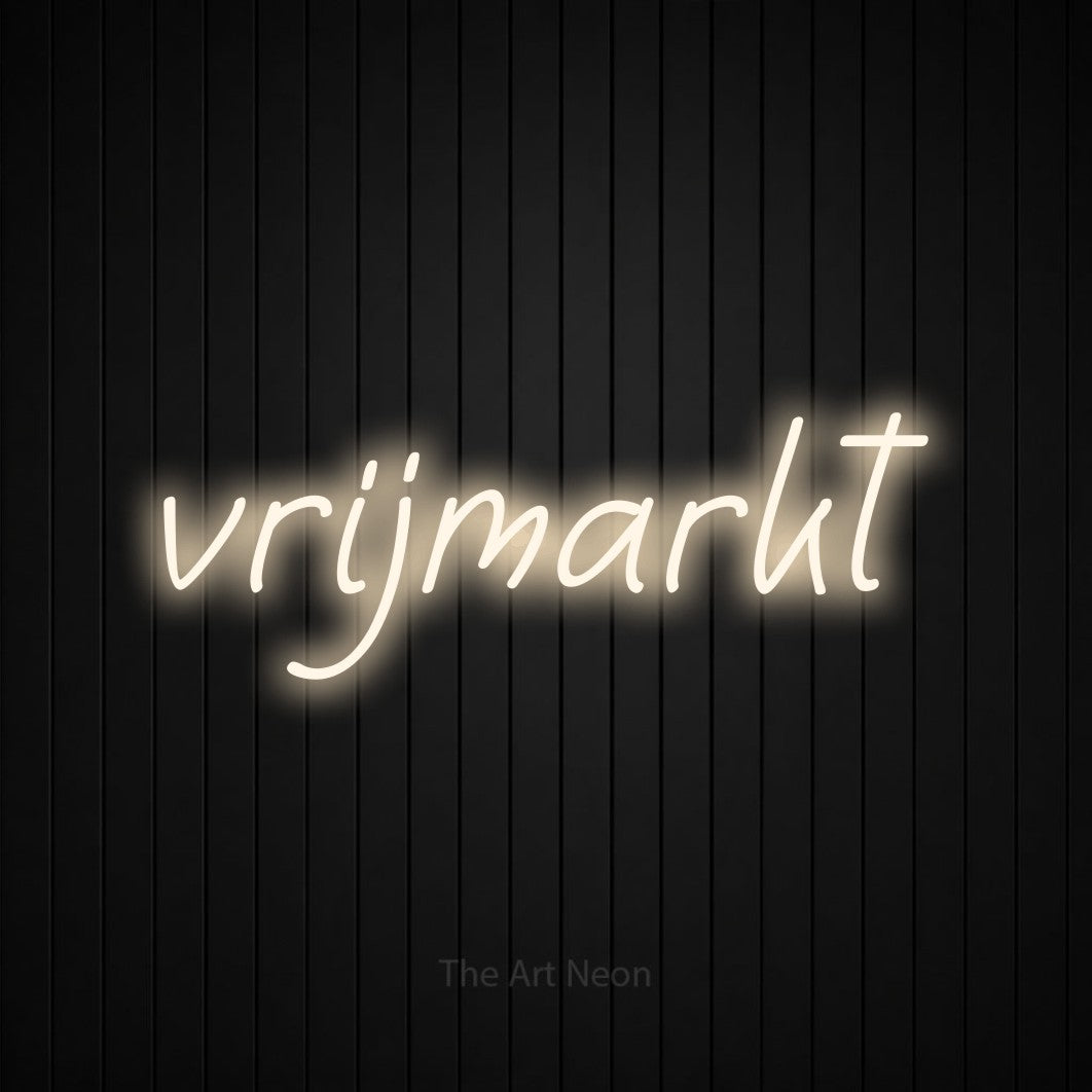 LED neon sign reading “vrijmarkt”, arranged in a single line.