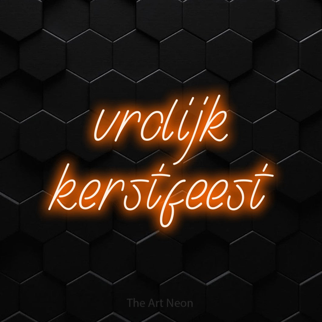 LED neon sign reading “vrolijk kerstfeest”, arranged in 2 lines.