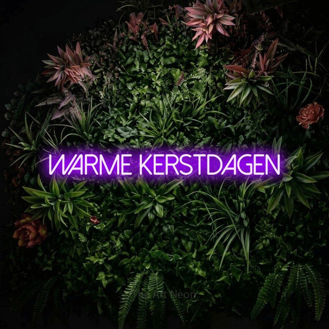 LED neon sign reading “Warme Kerstdagen”, arranged in a single line.