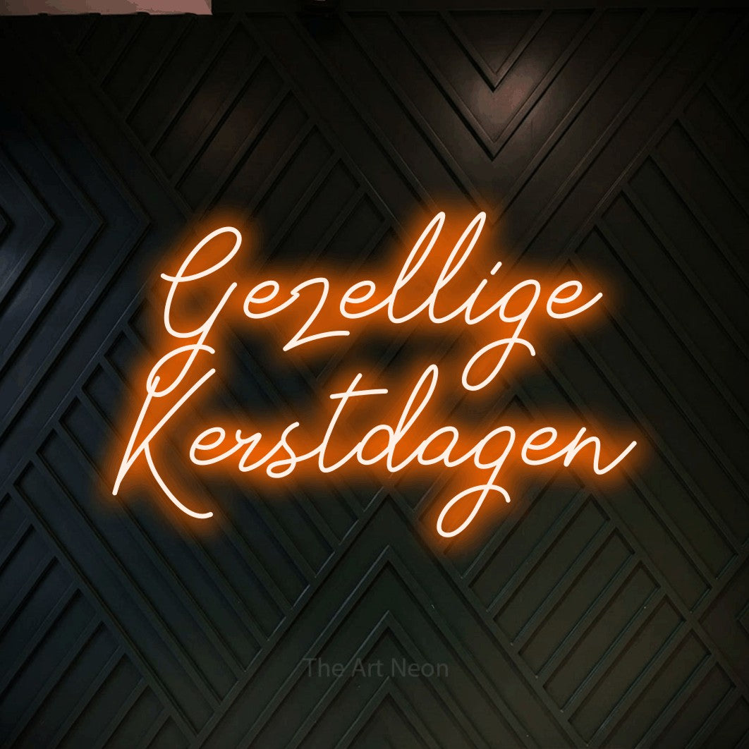 LED neon sign reading “Gezellige Kerstdagen”, arranged in 2 lines.