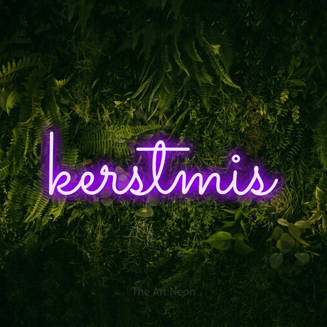 LED neon sign reading “kerstmis”, arranged in a single line.