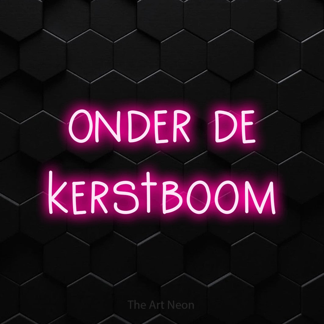 LED neon sign reading “onder de kerstboom”, arranged in 2 lines.