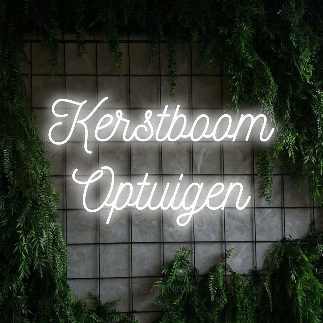 LED neon sign reading “Kerstboom Optuigen”, arranged in 2 lines.