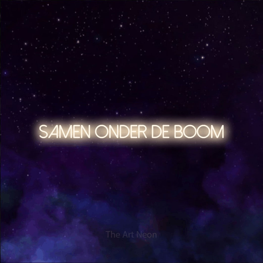 LED neon sign reading “samen onder de boom”, arranged in a single line.