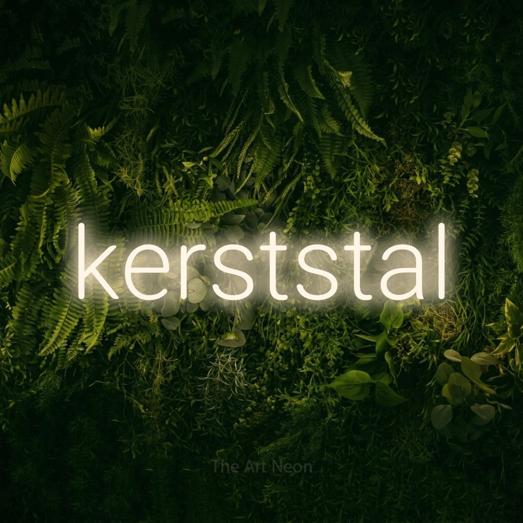 LED neon sign reading “kerststal”, arranged in a single line.