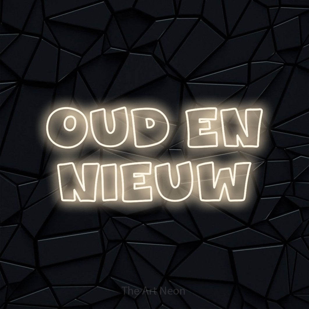 LED neon sign reading “oud en nieuw”, arranged in 2 lines.