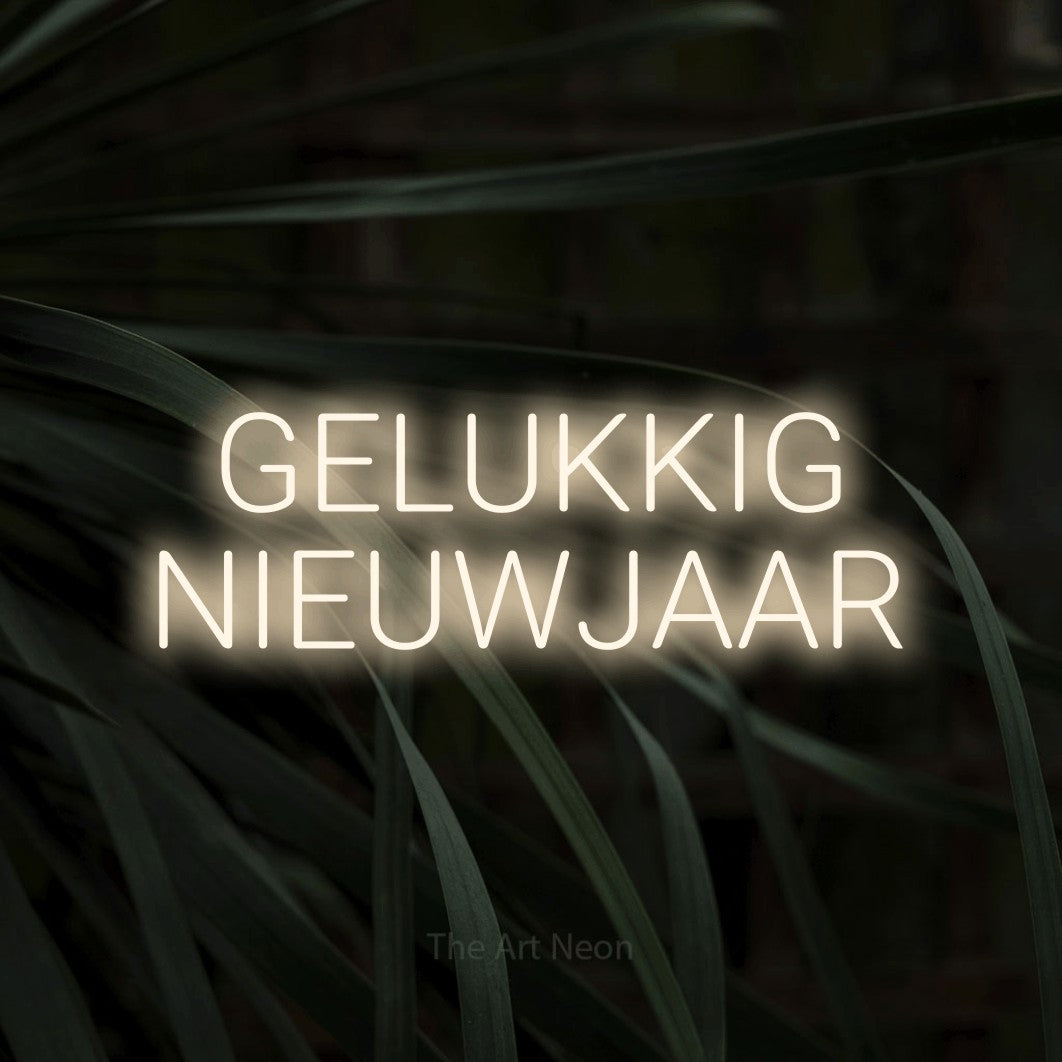LED neon sign reading “GELUKKIG NIEUWJAAR”, arranged in 2 lines.