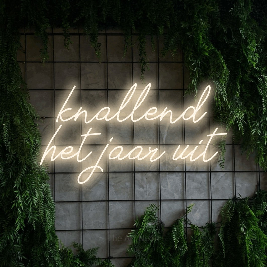 LED neon sign reading “knallend het jaar uit”, arranged in 2 lines.