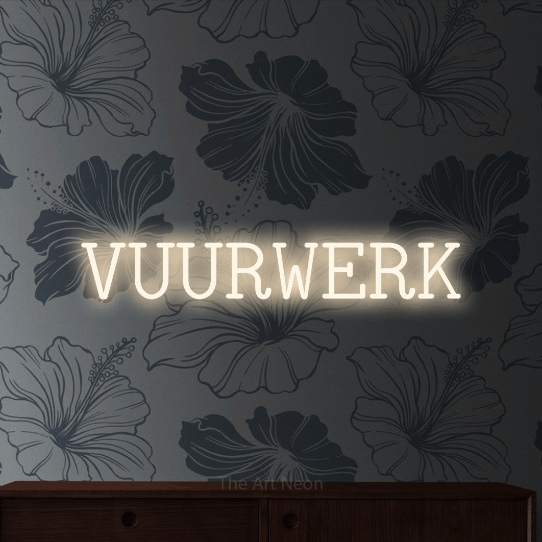 LED neon sign reading “VUURWERK”, arranged in a single line.