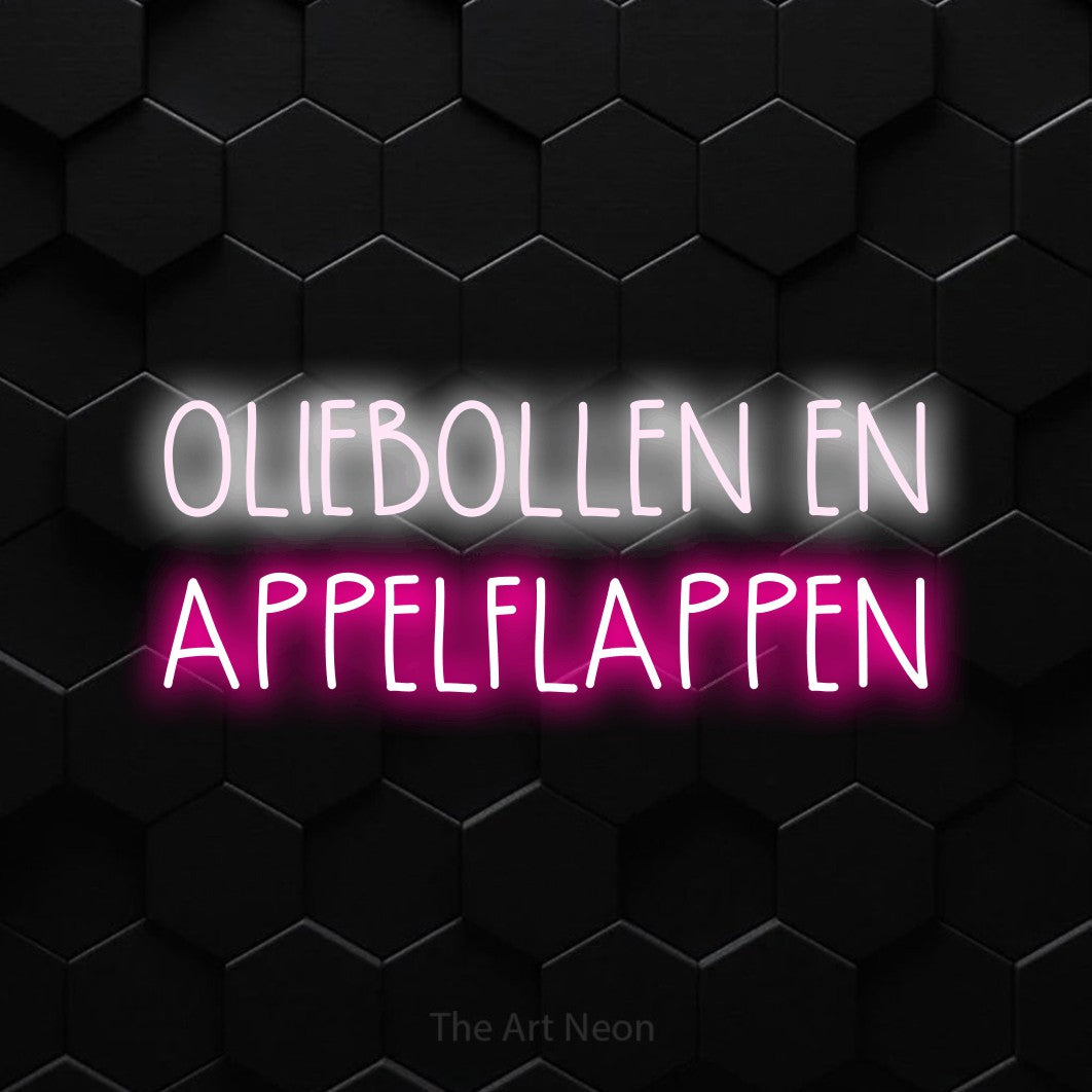 LED neon sign reading “OLIEBOLLEN EN APPELFLAPPEN”, arranged in 2 lines.