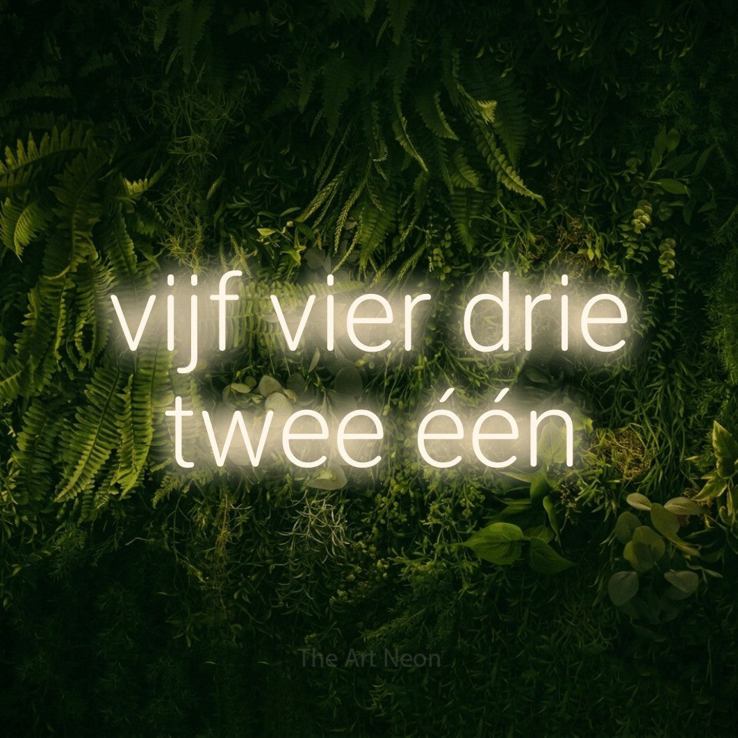 LED neon sign reading “vijf vier drie twee één”, arranged in 2 lines.