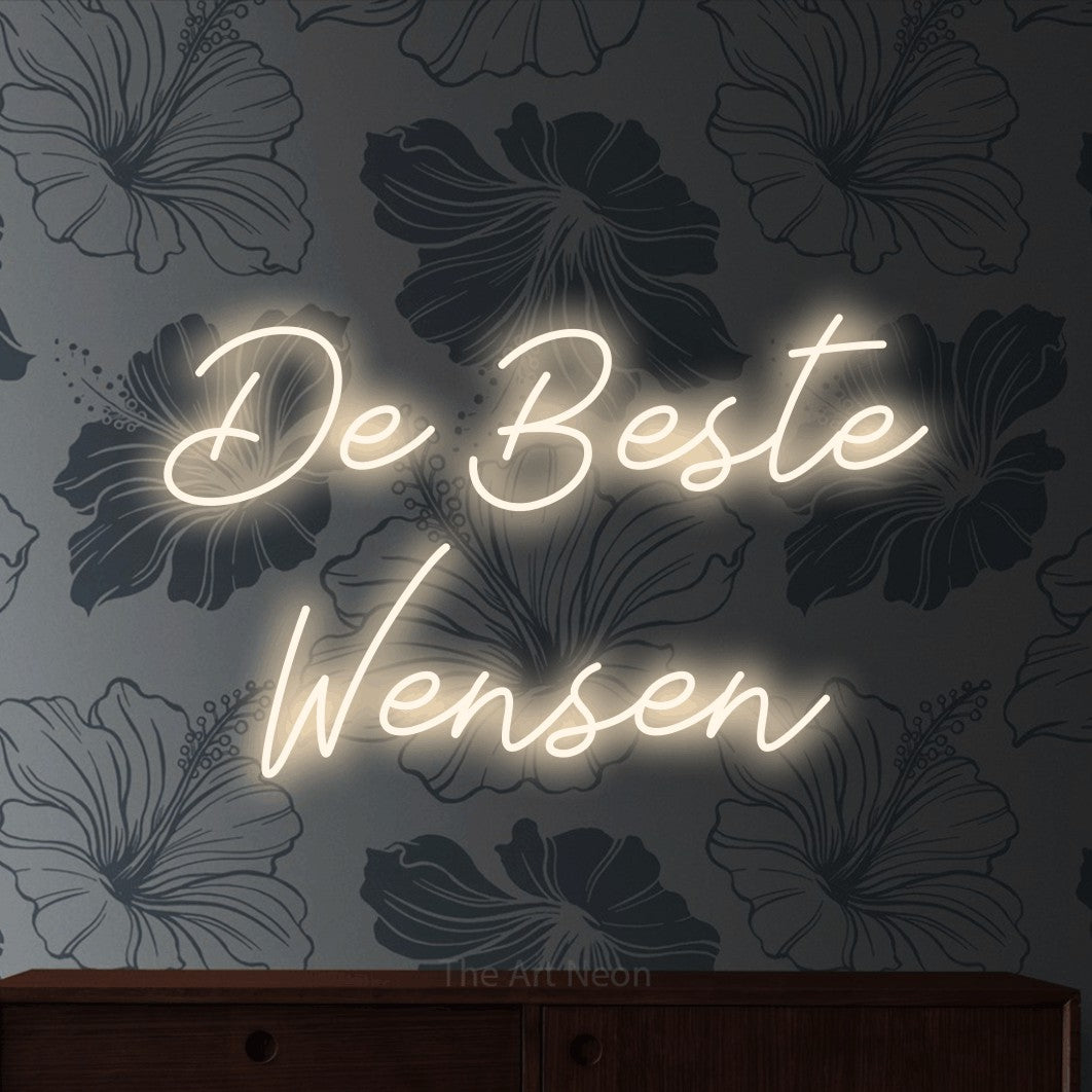LED neon sign reading “De Beste Wensen”, arranged in 2 lines.