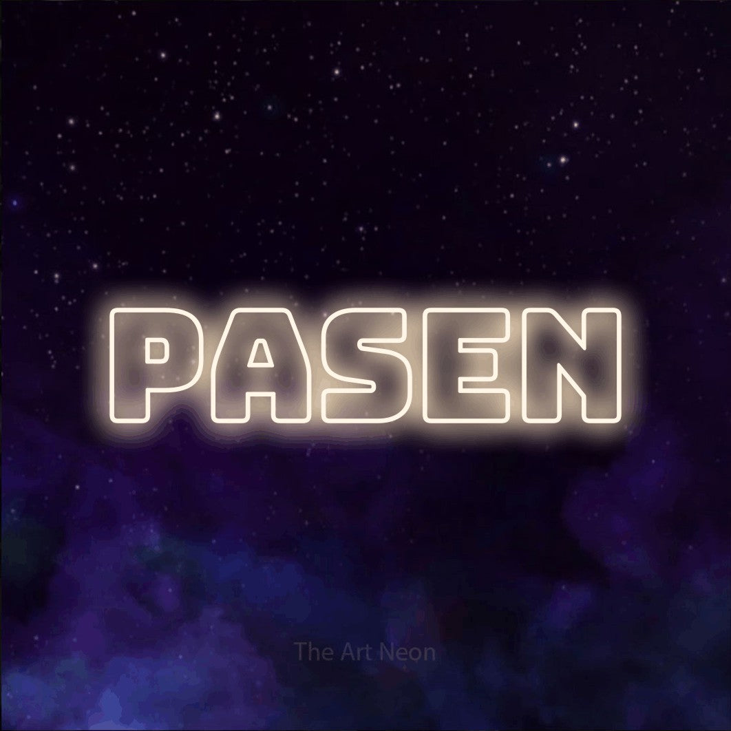 LED neon sign reading “pasen”, arranged in a single line.