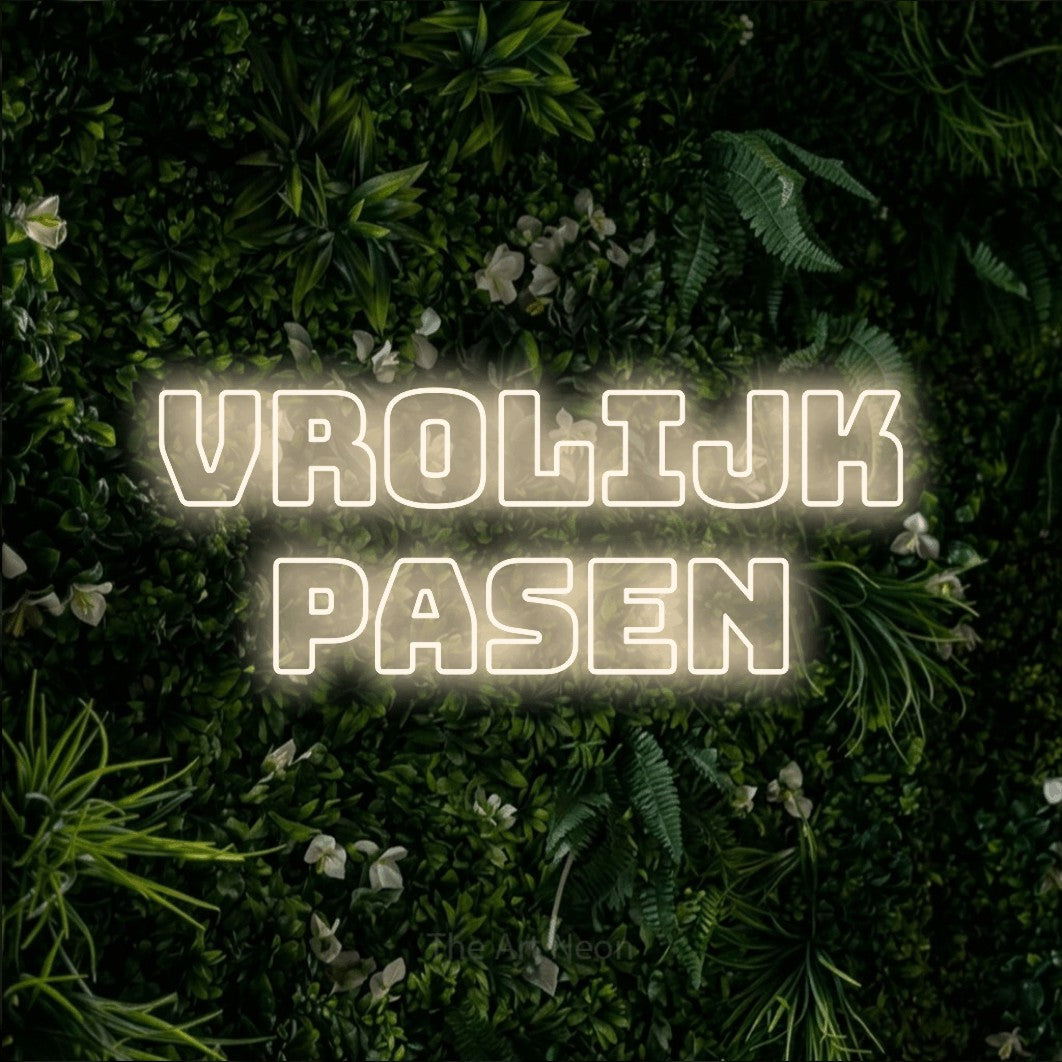 LED neon sign reading “VROLIJK pasen”, arranged in 2 lines.