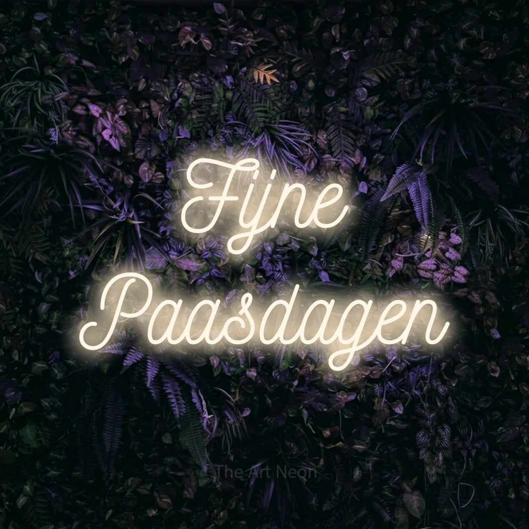 LED neon sign reading “Fijne Paasdagen”, arranged in 2 lines.