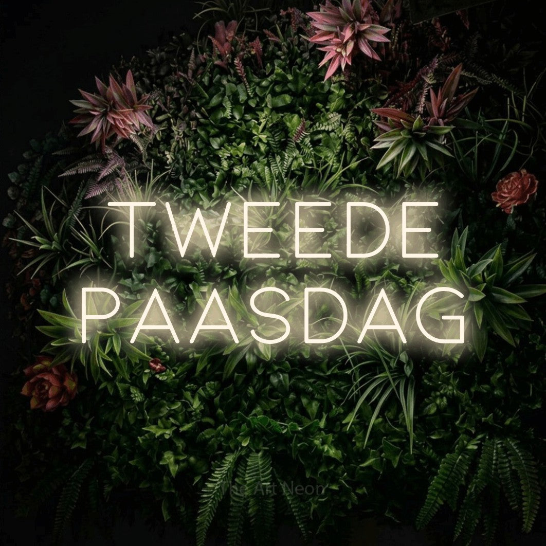 LED neon sign reading “TWEEDE paasdag”, arranged in 2 lines.