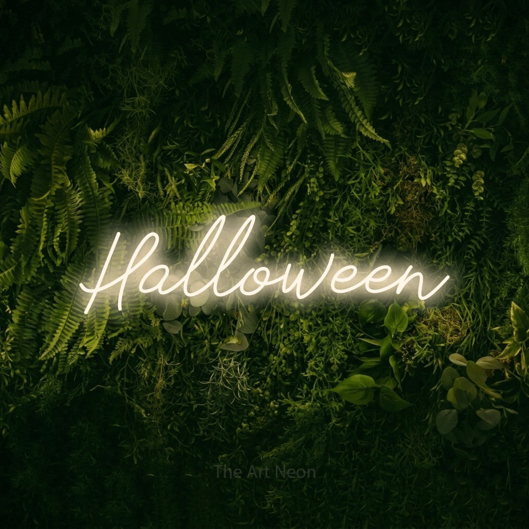 LED neon sign reading “Halloween”, arranged in a single line.