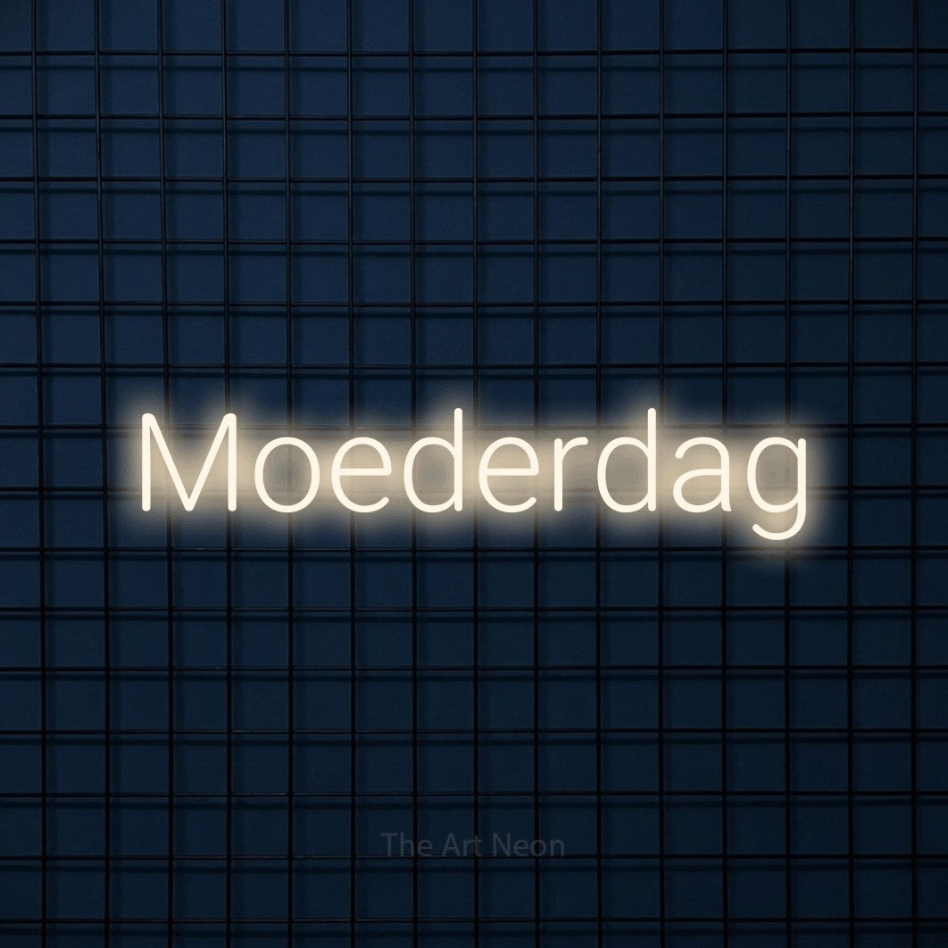 LED neon sign reading “Moederdag”, arranged in a single line.