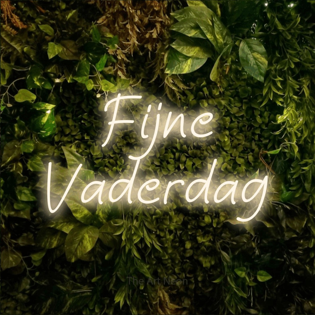 LED neon sign reading “Fijne Vaderdag”, arranged in 2 lines.