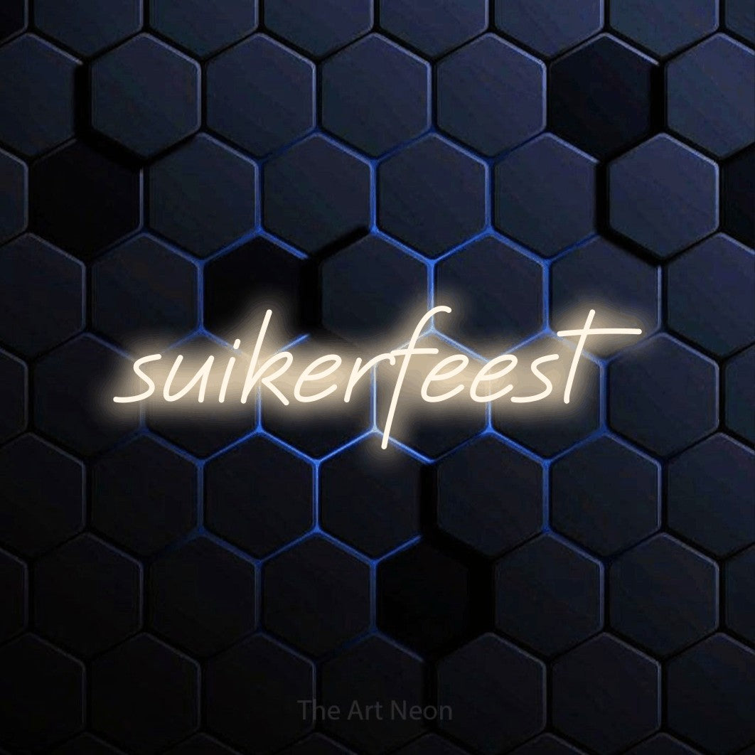 LED neon sign reading “suikerfeest”, arranged in a single line.