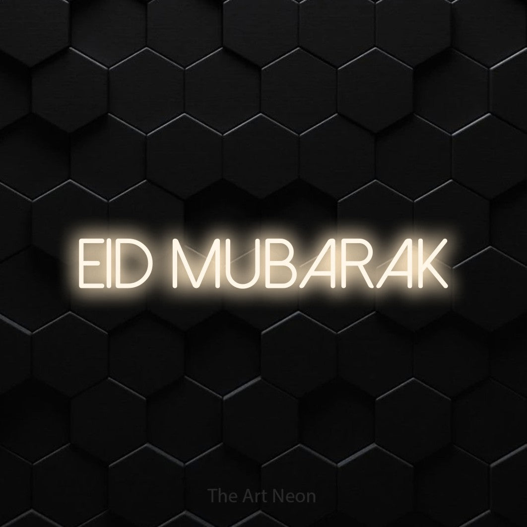 LED neon sign reading “EID Mubarak”, arranged in a single line.