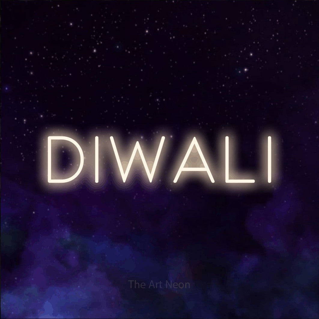LED neon sign reading “Diwali”, arranged in a single line.