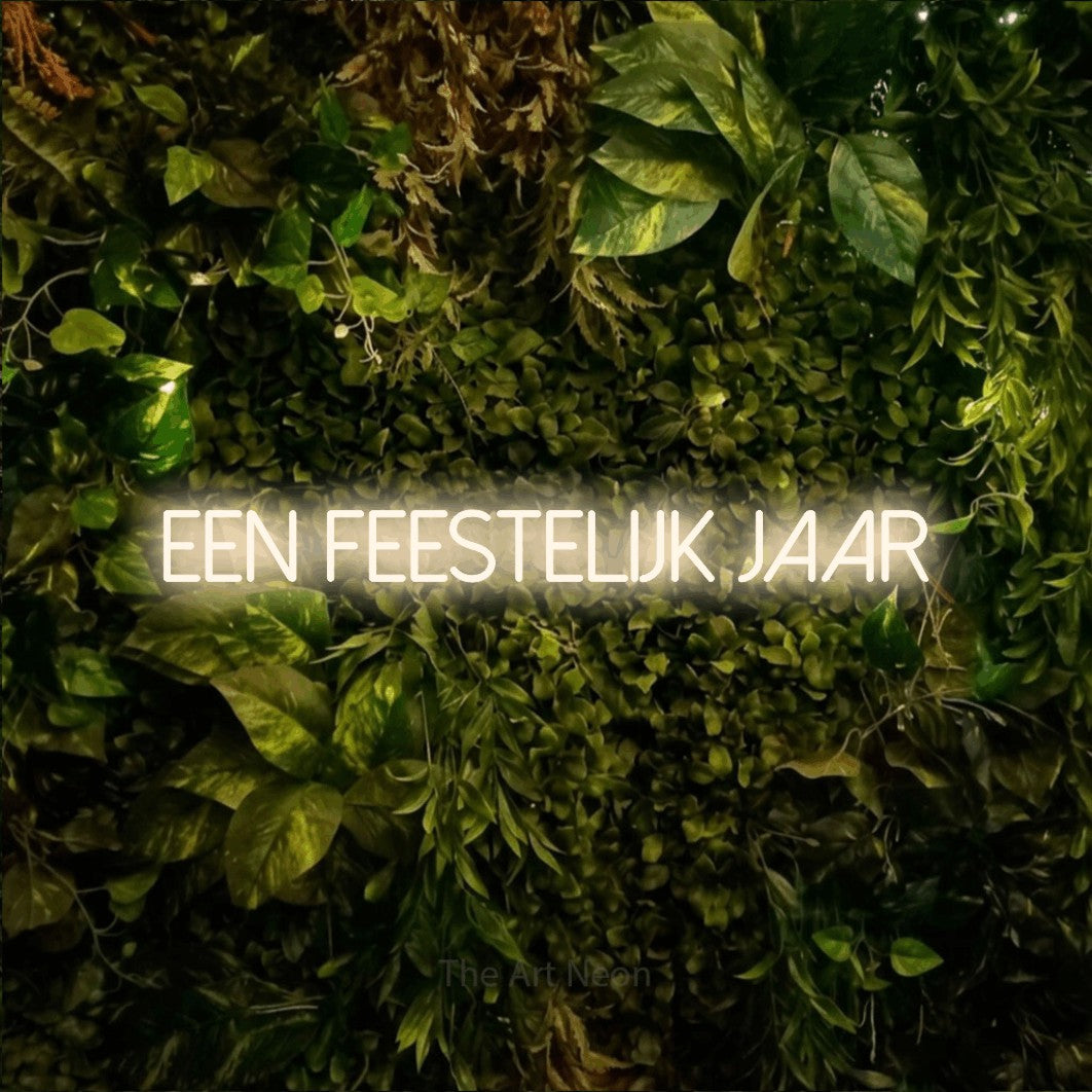 LED neon sign reading “EEN FEESTELIJK JAAR”, arranged in a single line.