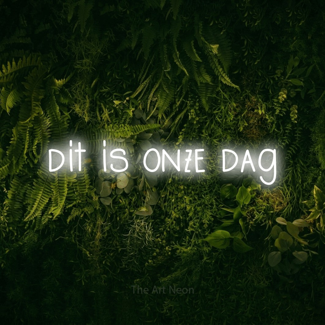 LED neon sign reading “dit is onze dag”, arranged in a single line.