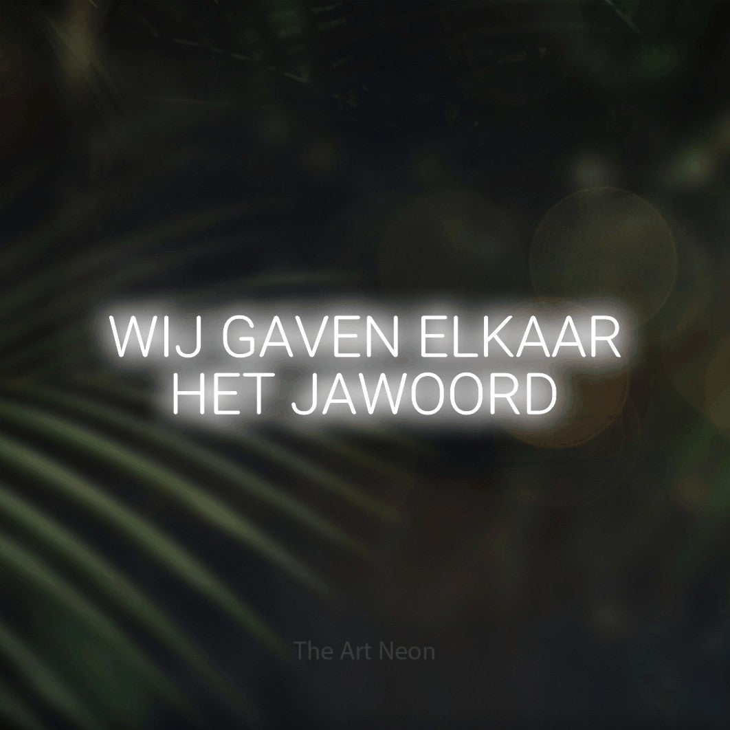 LED neon sign reading “WIJ GAVEN ELKAAR HET JAWOORD”, arranged in 2 lines.