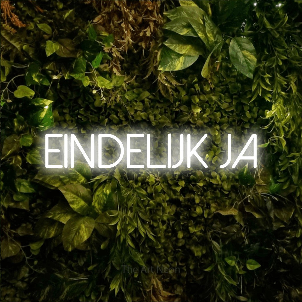 LED neon sign reading “eindelijk ja”, arranged in a single line.