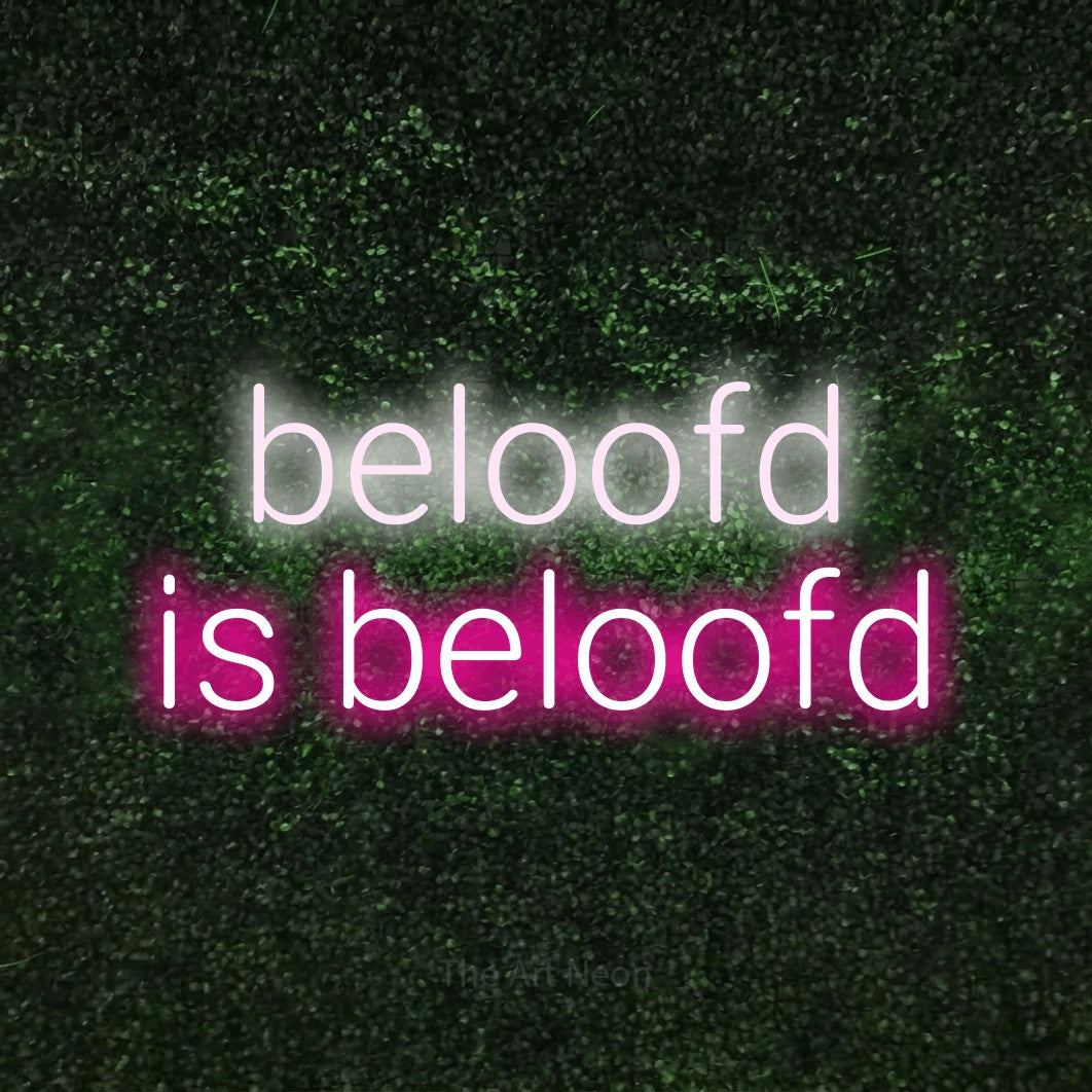LED neon sign reading “beloofd is beloofd”, arranged in 2 lines.