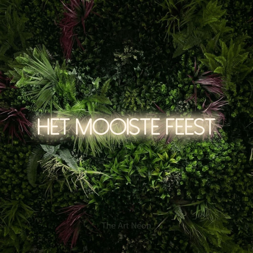 LED neon sign reading “Het Mooiste Feest”, arranged in a single line.