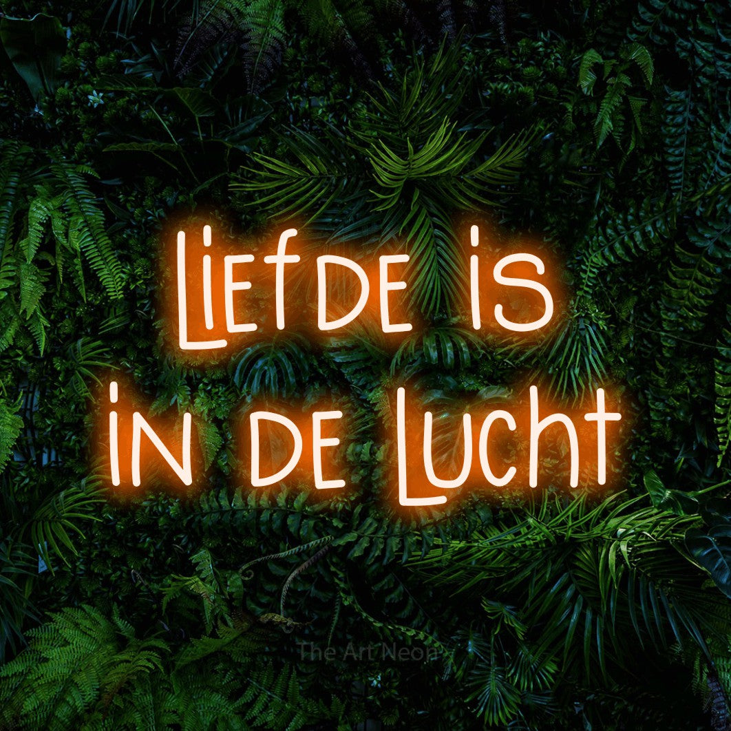 LED neon sign reading “liefde is in de lucht”, arranged in 2 lines.