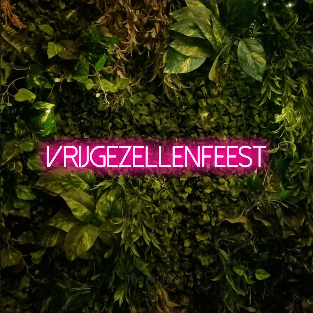 LED neon sign reading “vrijgezellenfeest”, arranged in a single line.