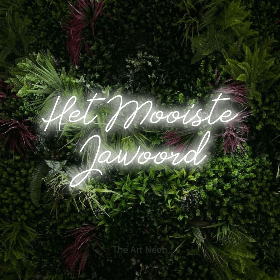 LED neon sign reading “Het Mooiste Jawoord”, arranged in 2 lines.