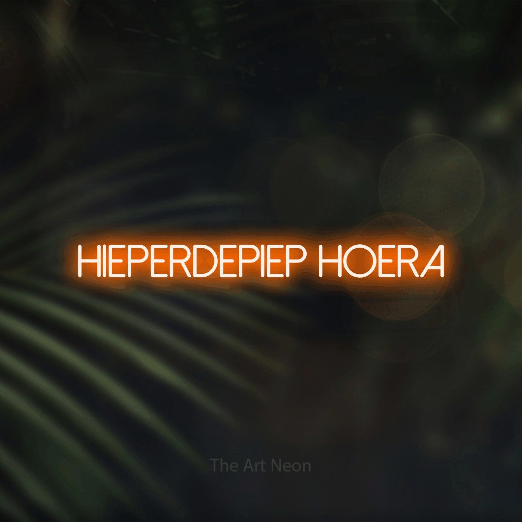 LED neon sign reading “HIEPERDEPIEP HOERA”, arranged in a single line.