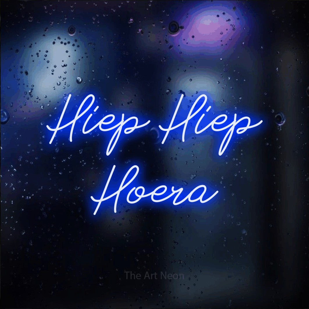 LED neon sign reading “Hiep Hiep Hoera”, arranged in 2 lines.